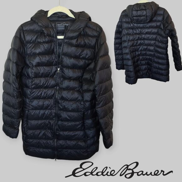 Eddie Bauer Black  Puffer  CirrusLite Down Parka Coat Hooded Jacket Womens XL - Picture 1 of 16